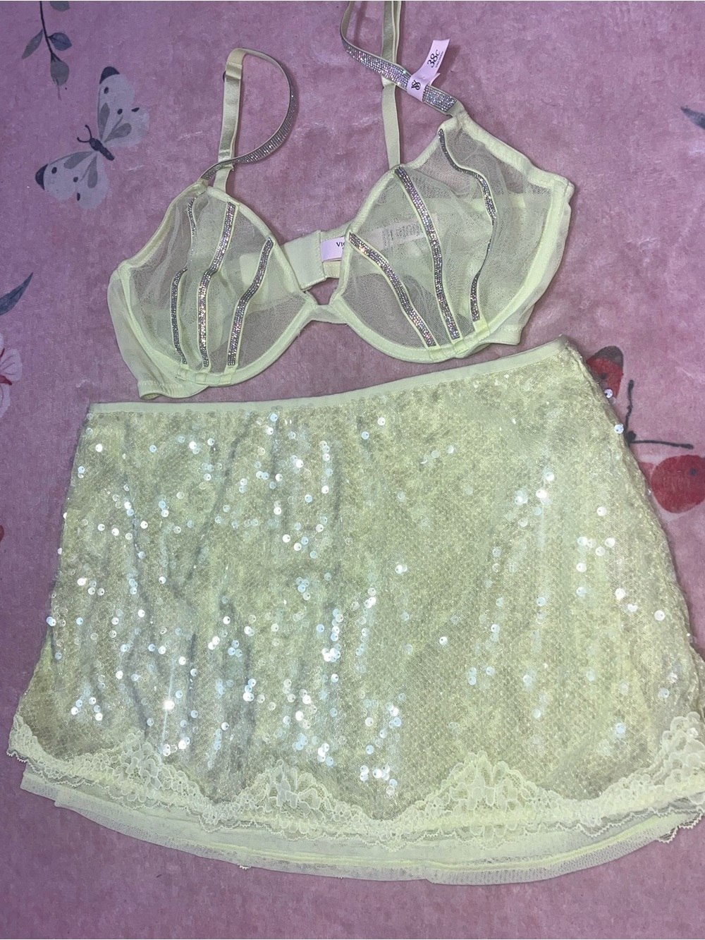 Victoria's Secret Neon Yellow Rhinestone Bra 38C and Sequin Miniskirt Set(Large)